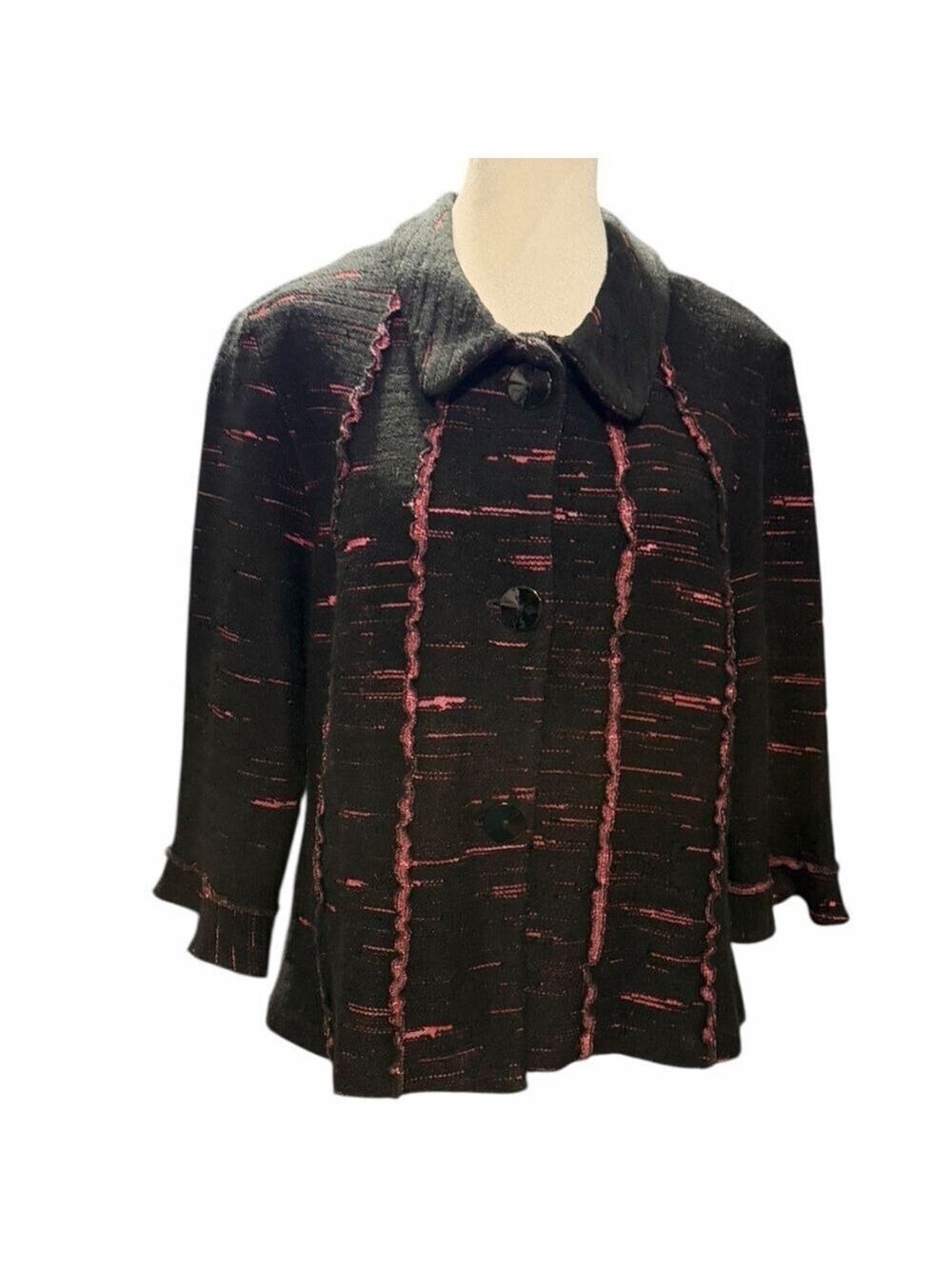 Andria Lieu Collection Black Pink Textured Cropped Jacket 3/4 Sleeves Buttons L